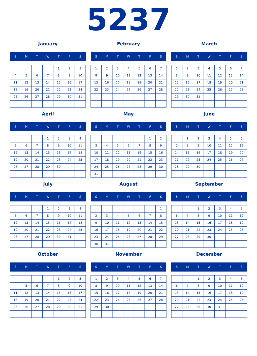 Printable 5237 Year Calendars smalt