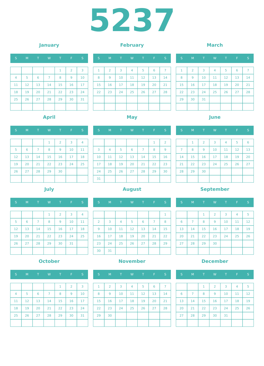 Printable 5237 Year Calendars verdigris