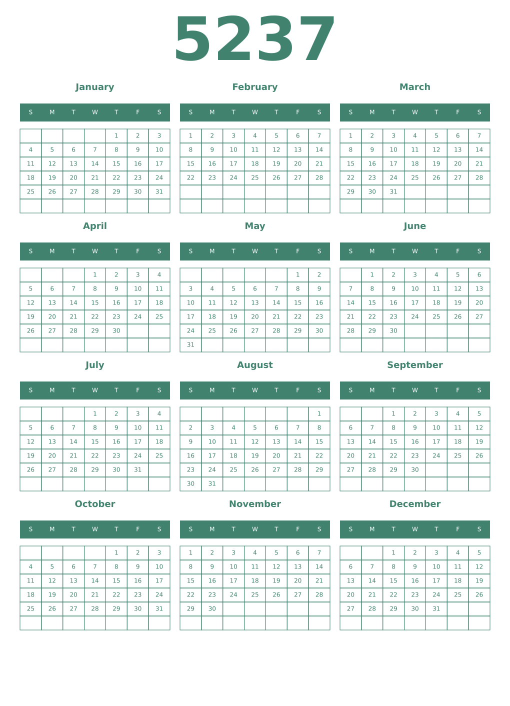 Printable 5237 Year Calendars viridian
