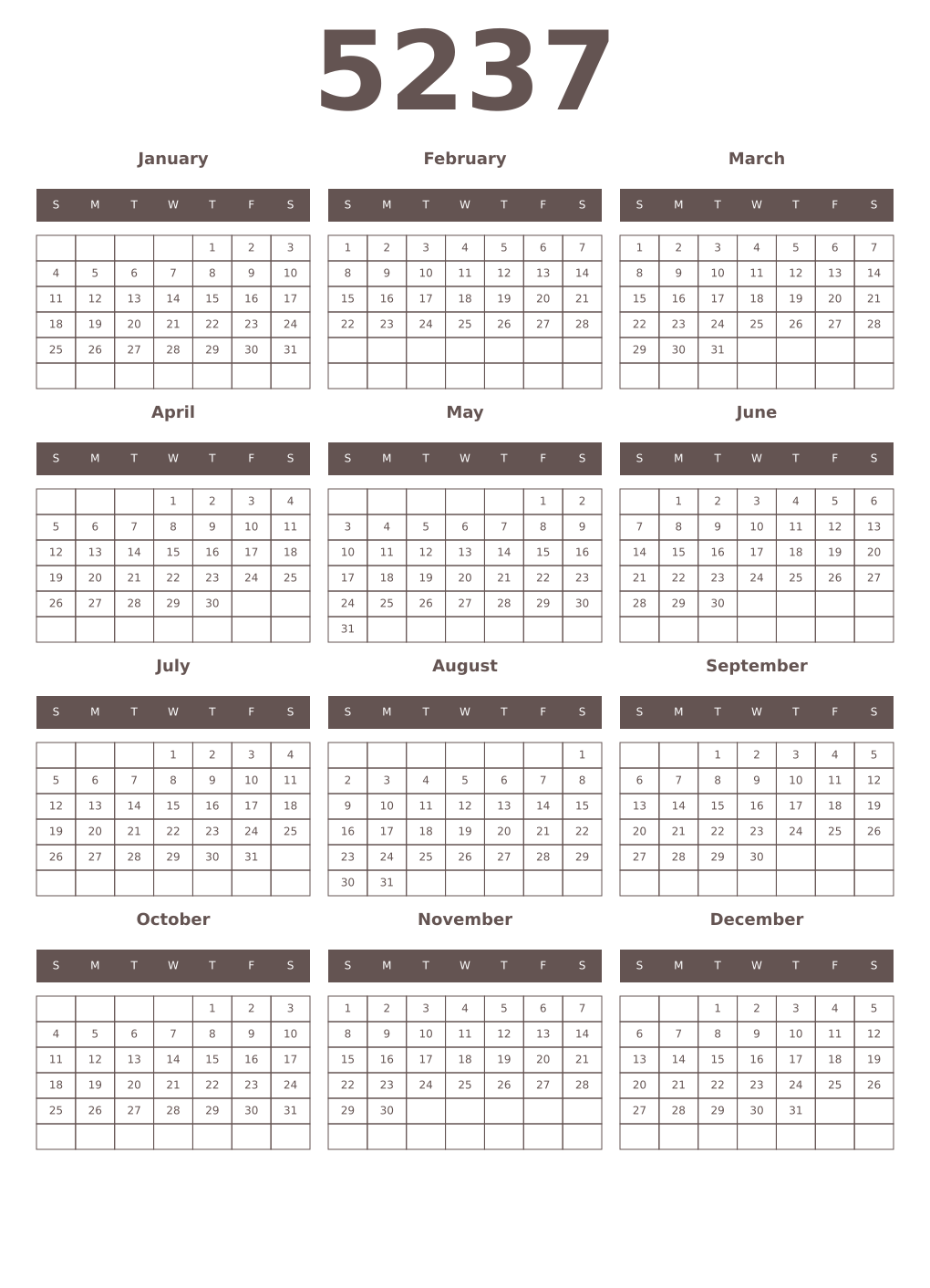Printable 5237 Year Calendars wenge