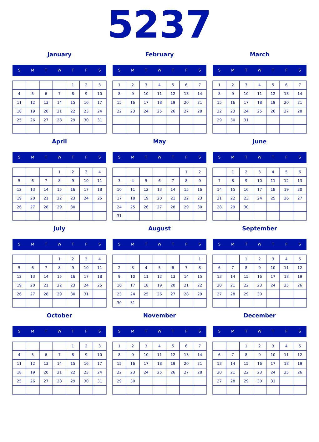 Printable 5237 Year Calendars zaffre