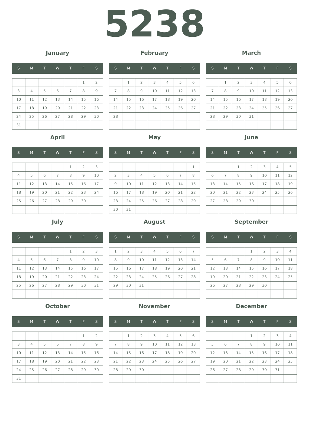 Printable 5238 Year Calendars feldgrau