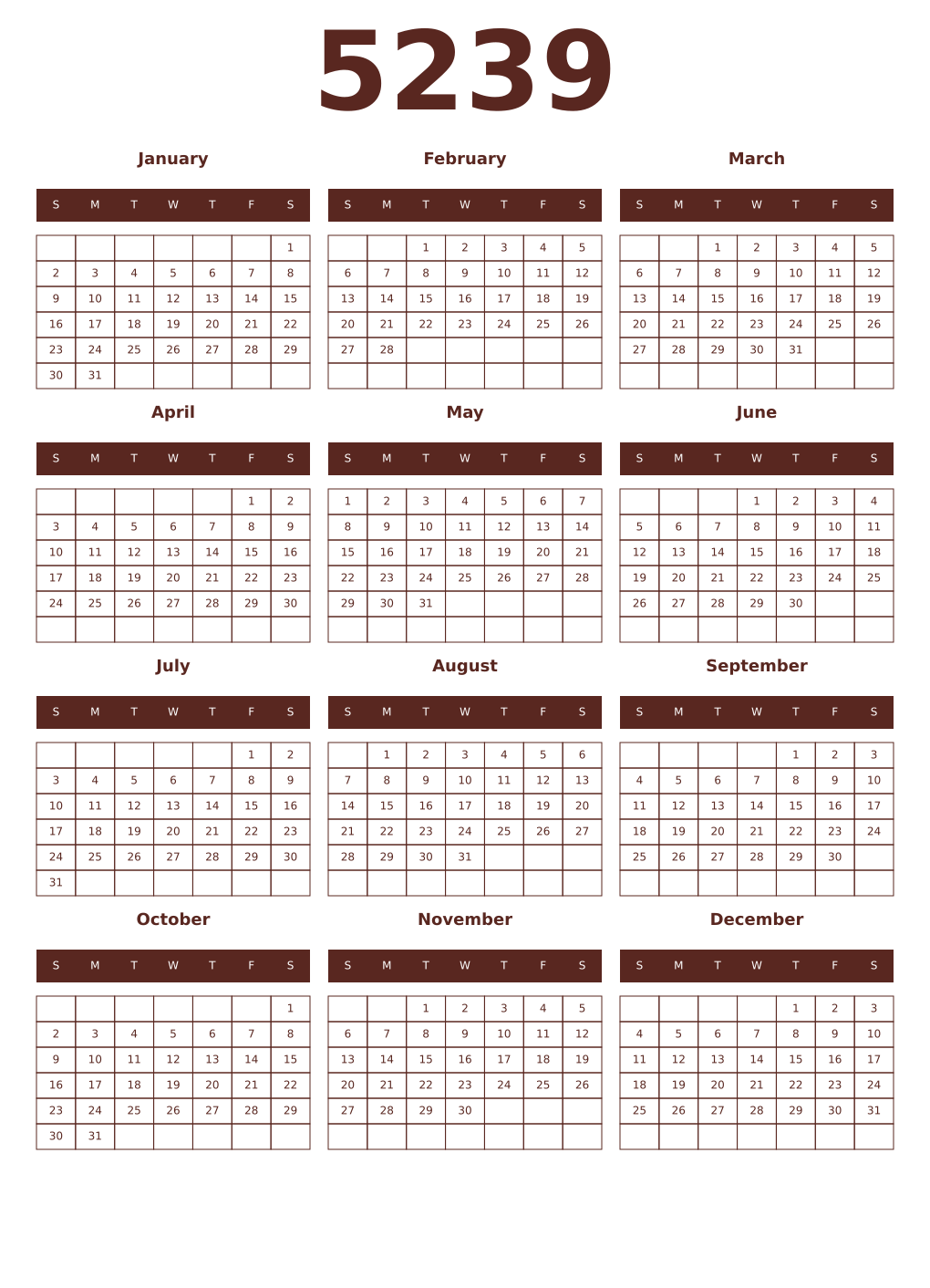 Printable 5239 Year Calendars mortuum