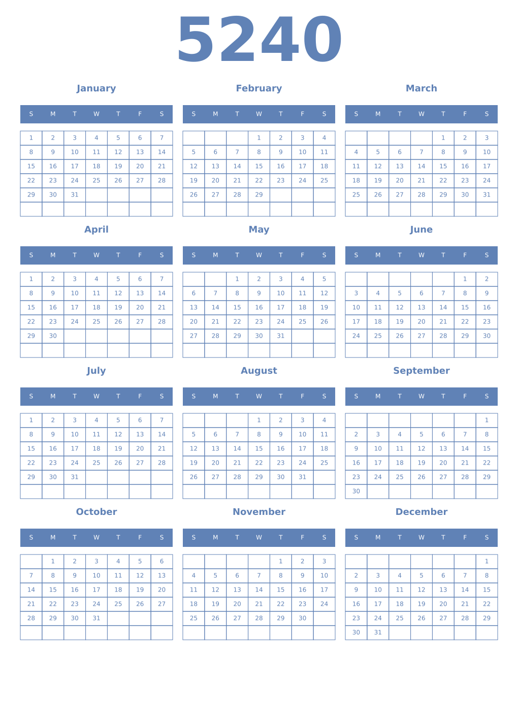 Printable 5240 Year Calendars glaucous