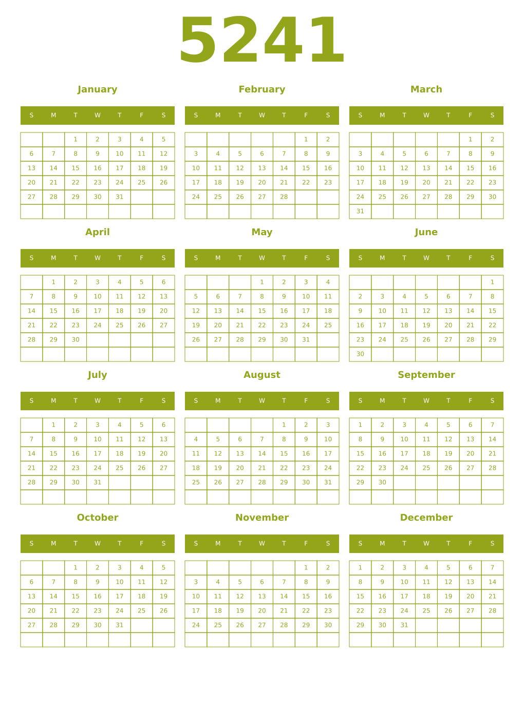 Printable 5241 Year Calendars chartreuse