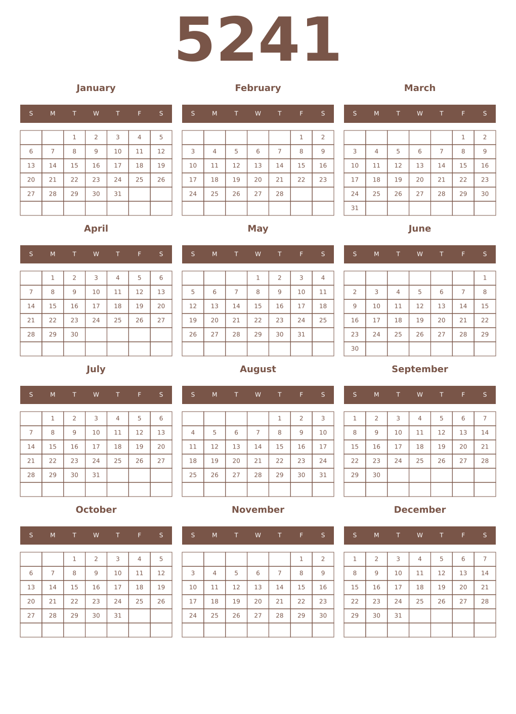 Printable 5241 Year Calendars coffe