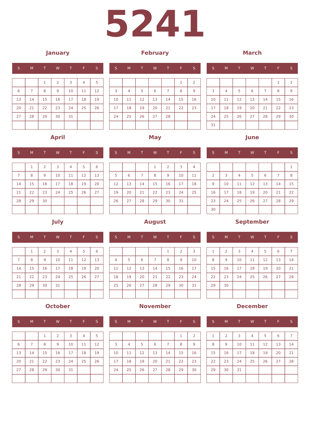 Printable 5241 Year Calendars cordovan