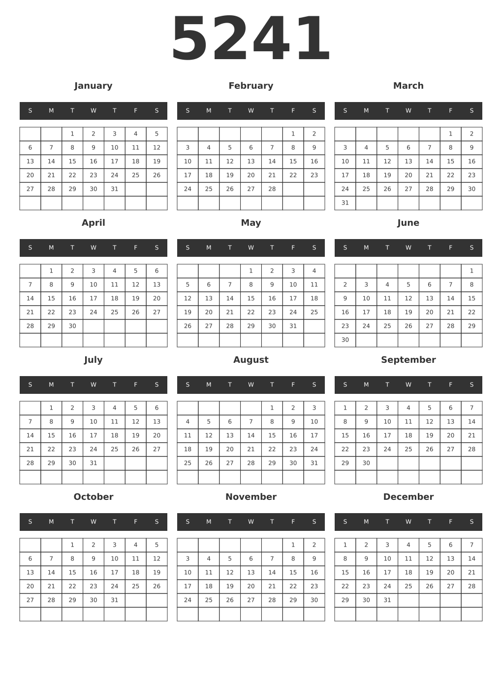 Printable 5241 Year Calendars dark