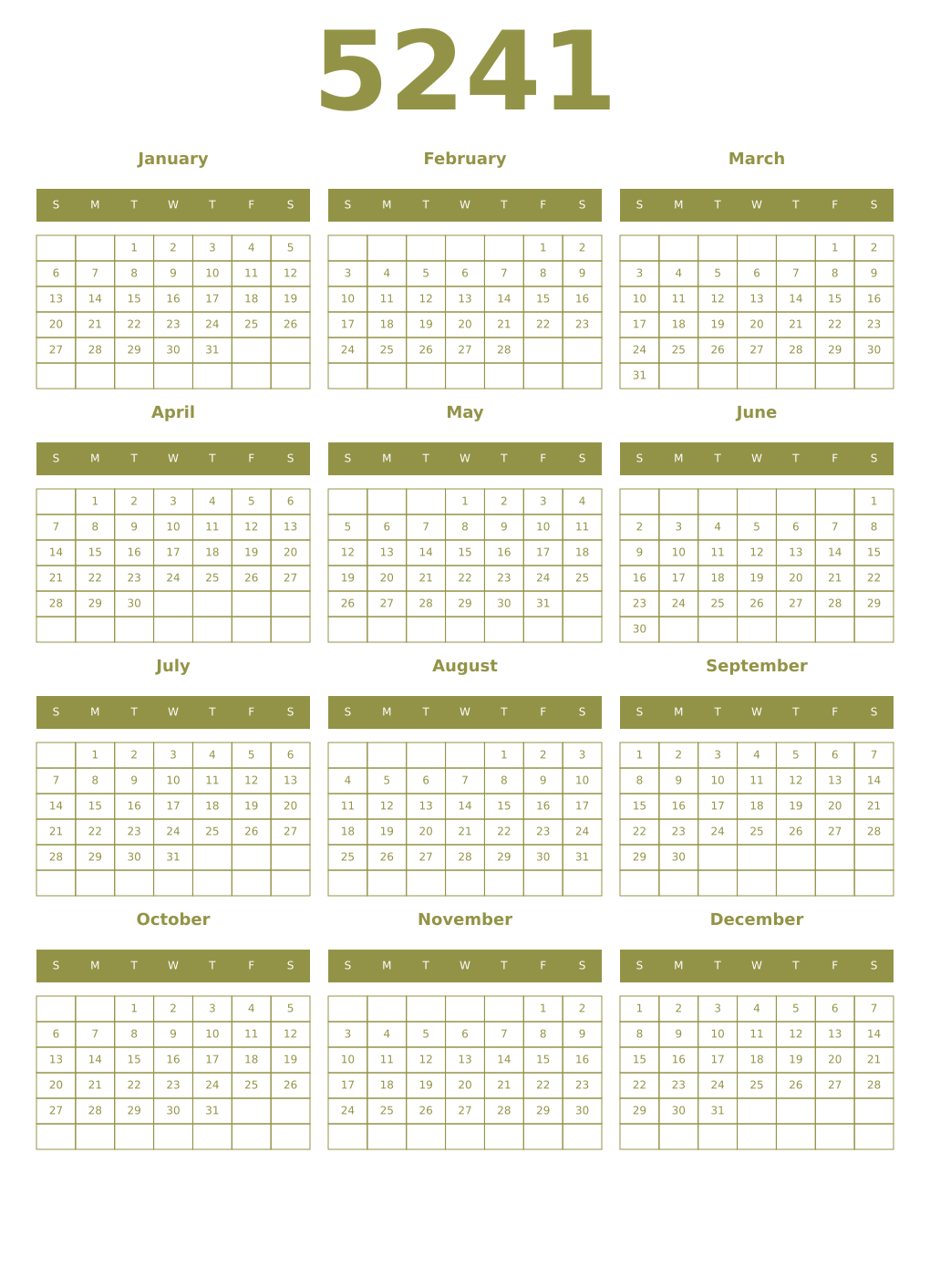 Printable 5241 Year Calendars eburnean