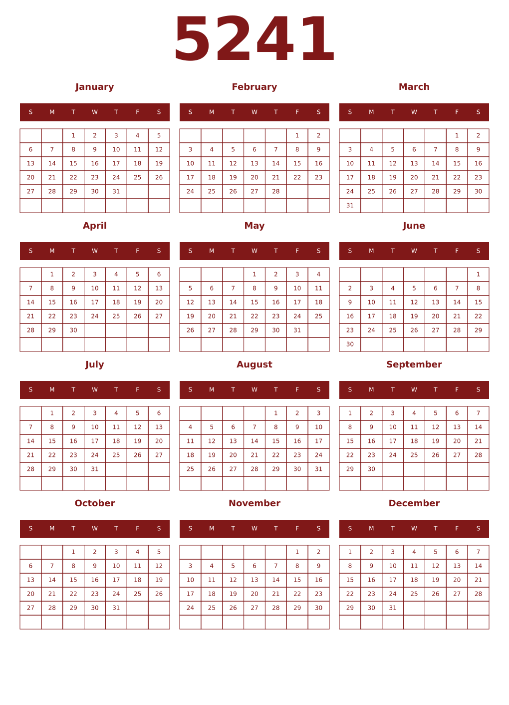 Printable 5241 Year Calendars falu