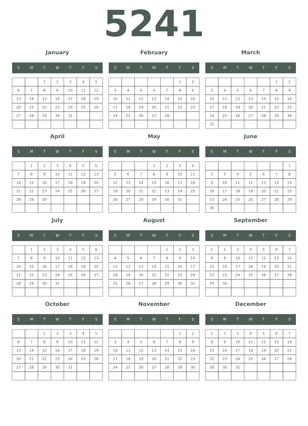 Printable 5241 Year Calendars feldgrau