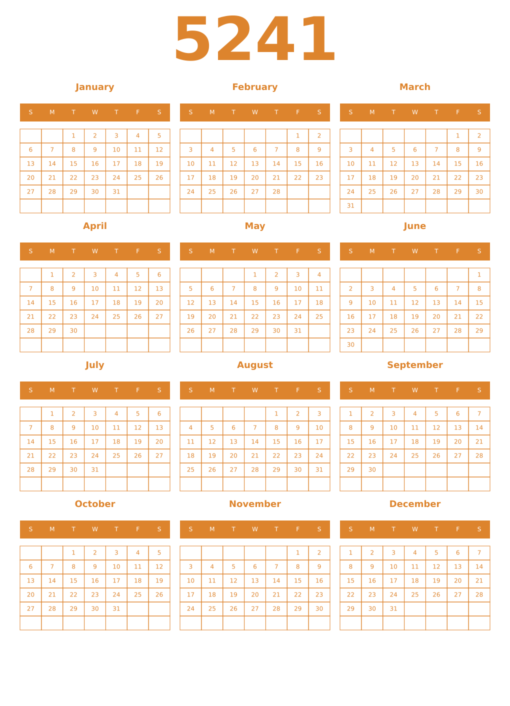 Printable 5241 Year Calendars orange