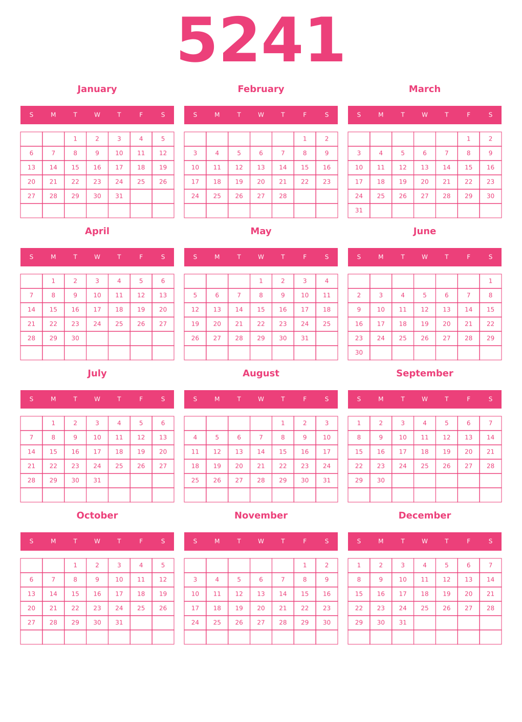 Printable 5241 Year Calendars pink