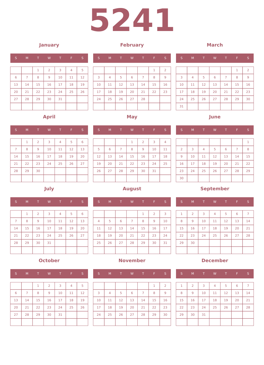 Printable 5241 Year Calendars puce