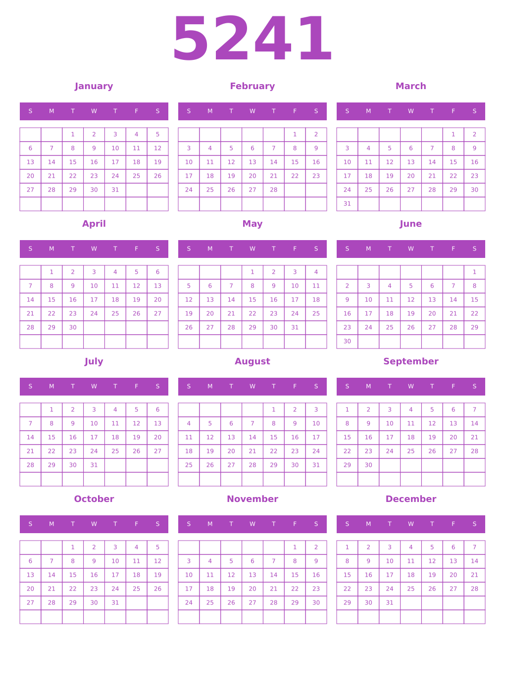 Printable 5241 Year Calendars purple