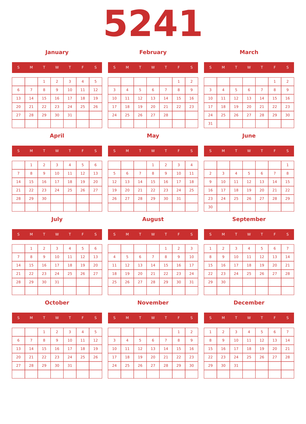 Printable 5241 Year Calendars red