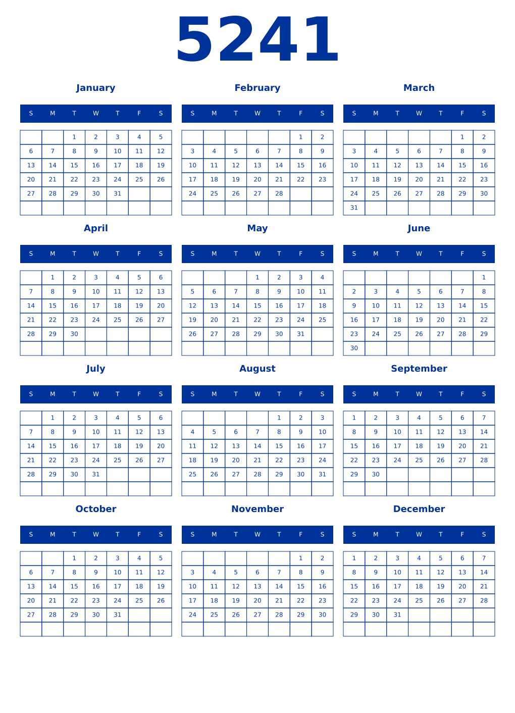 Printable 5241 Year Calendars smalt
