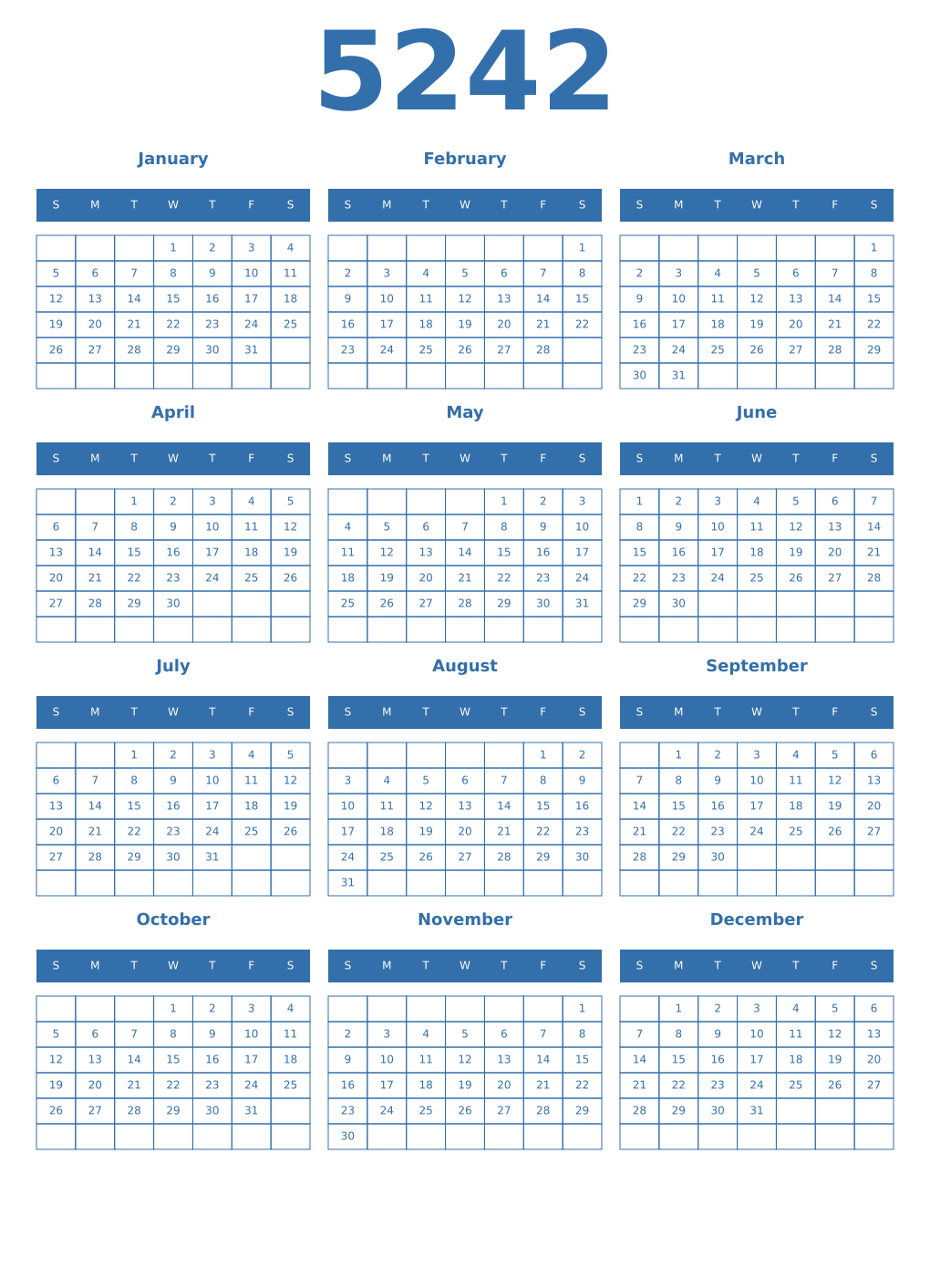 Printable 5242 Year Calendars blue