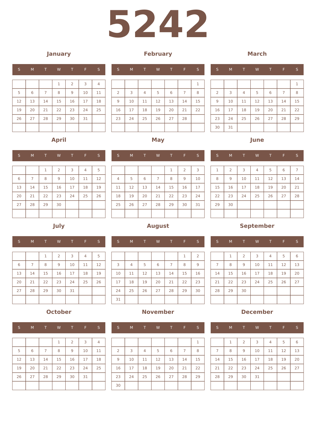 Printable 5242 Year Calendars coffe
