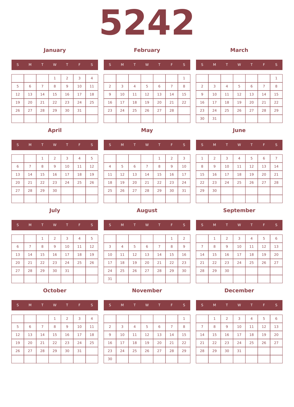 Printable 5242 Year Calendars cordovan