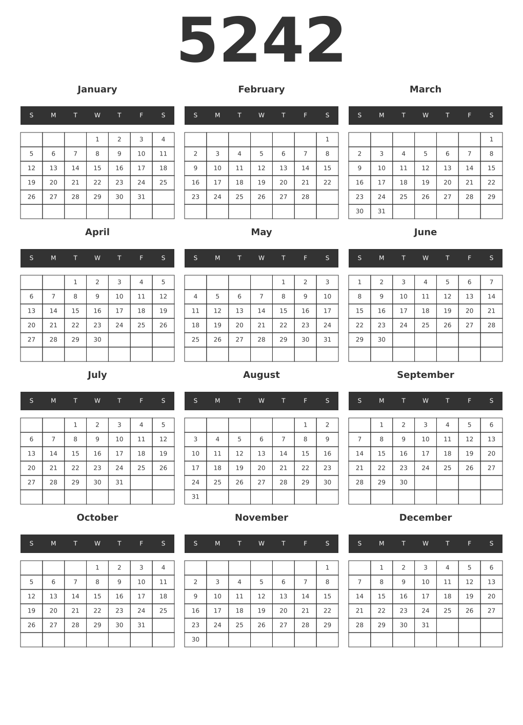 Printable 5242 Year Calendars dark