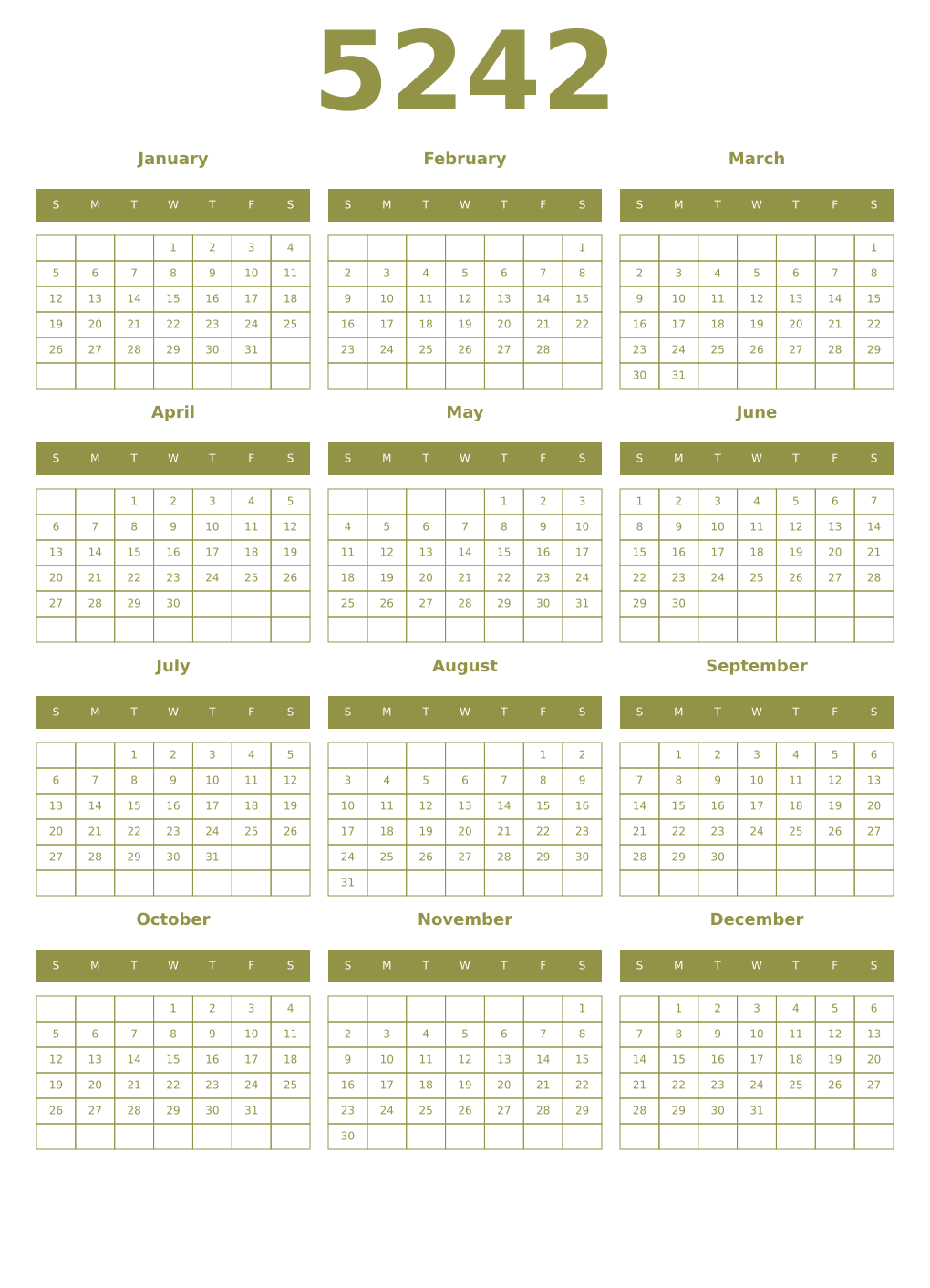 Printable 5242 Year Calendars eburnean