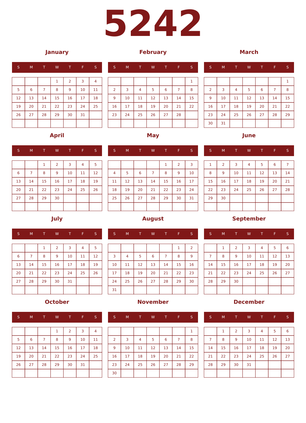 Printable 5242 Year Calendars falu