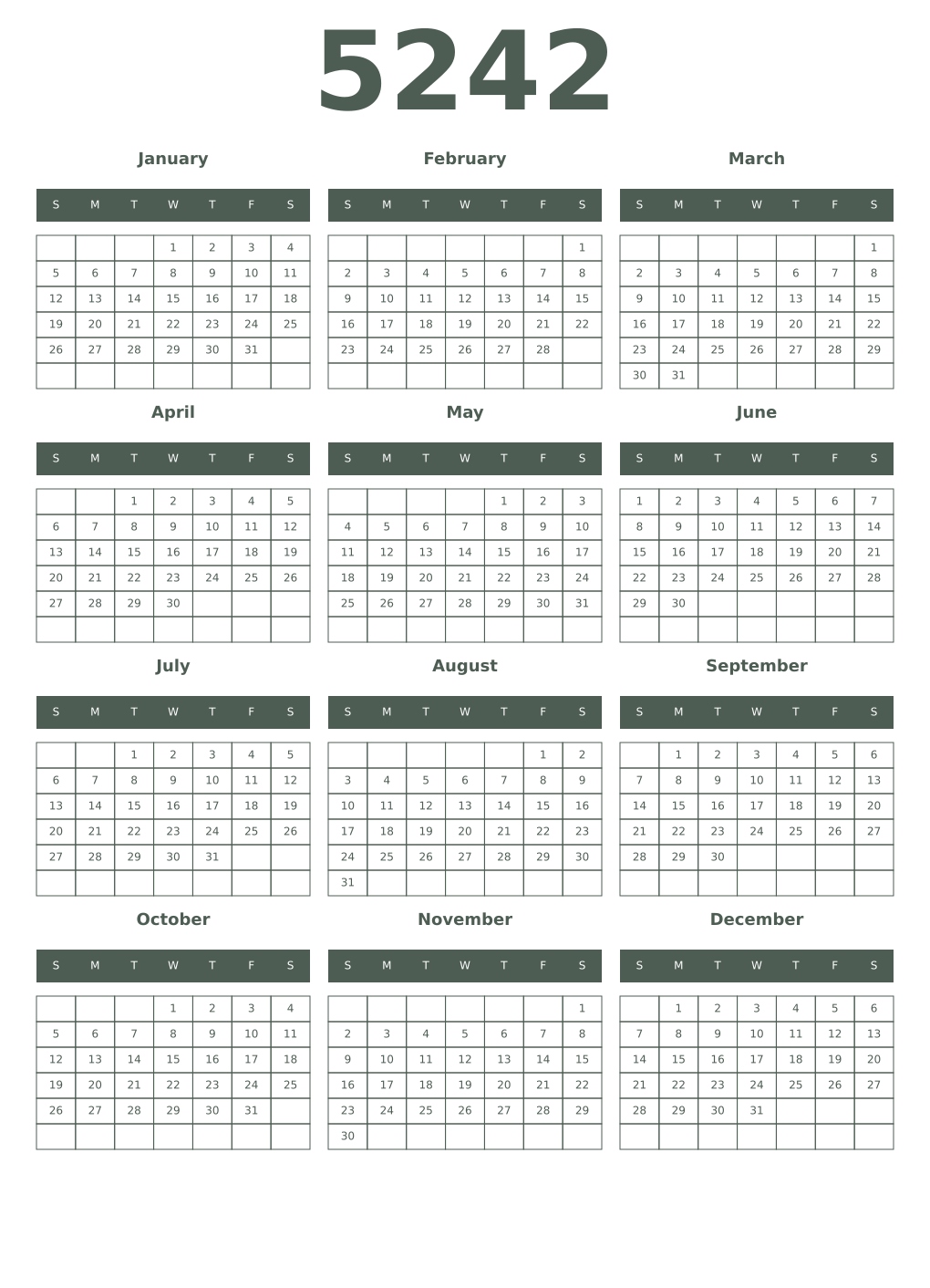 Printable 5242 Year Calendars feldgrau