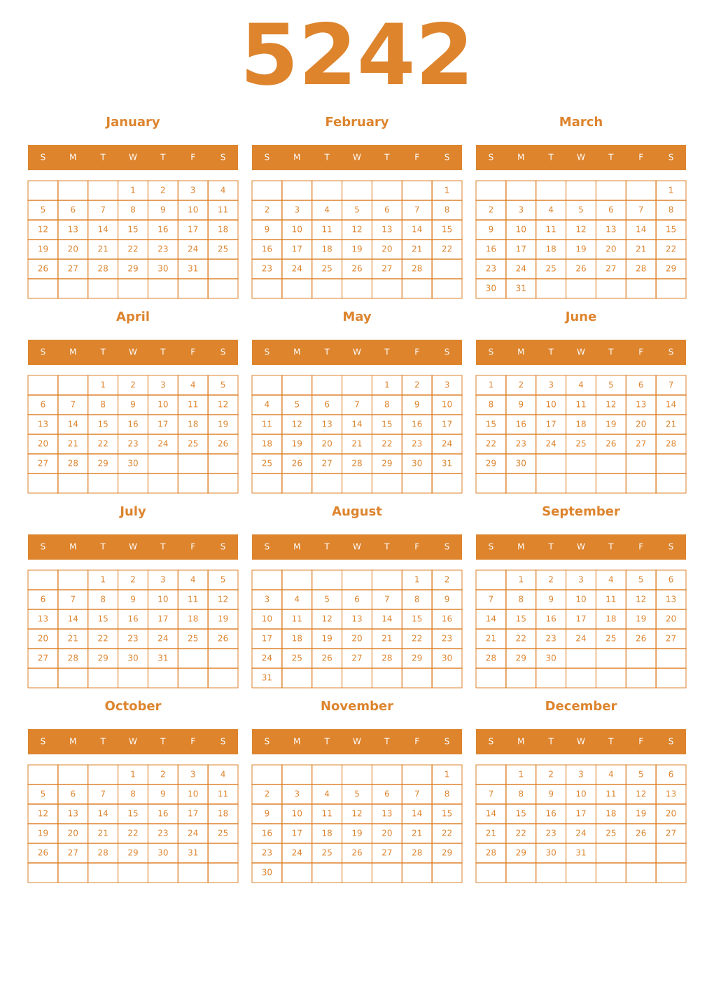 Printable 5242 Year Calendars orange