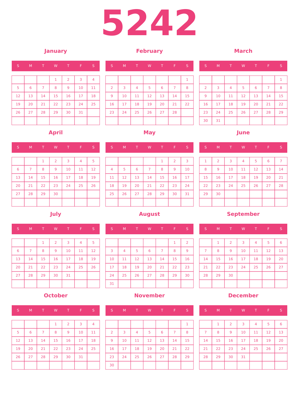 Printable 5242 Year Calendars pink