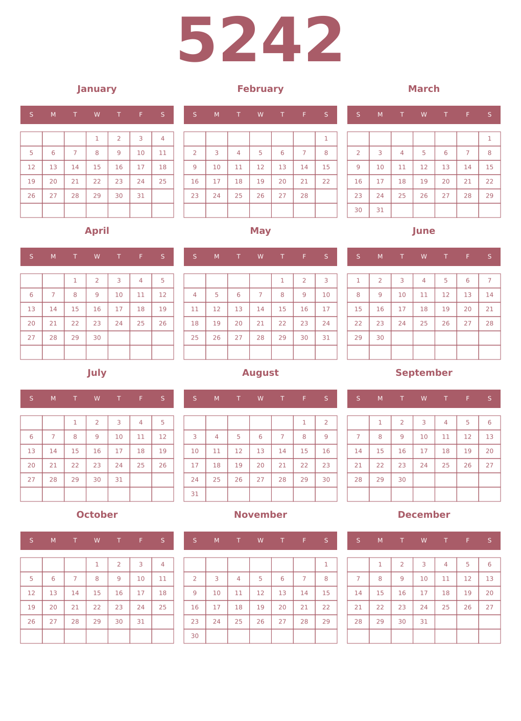 Printable 5242 Year Calendars puce