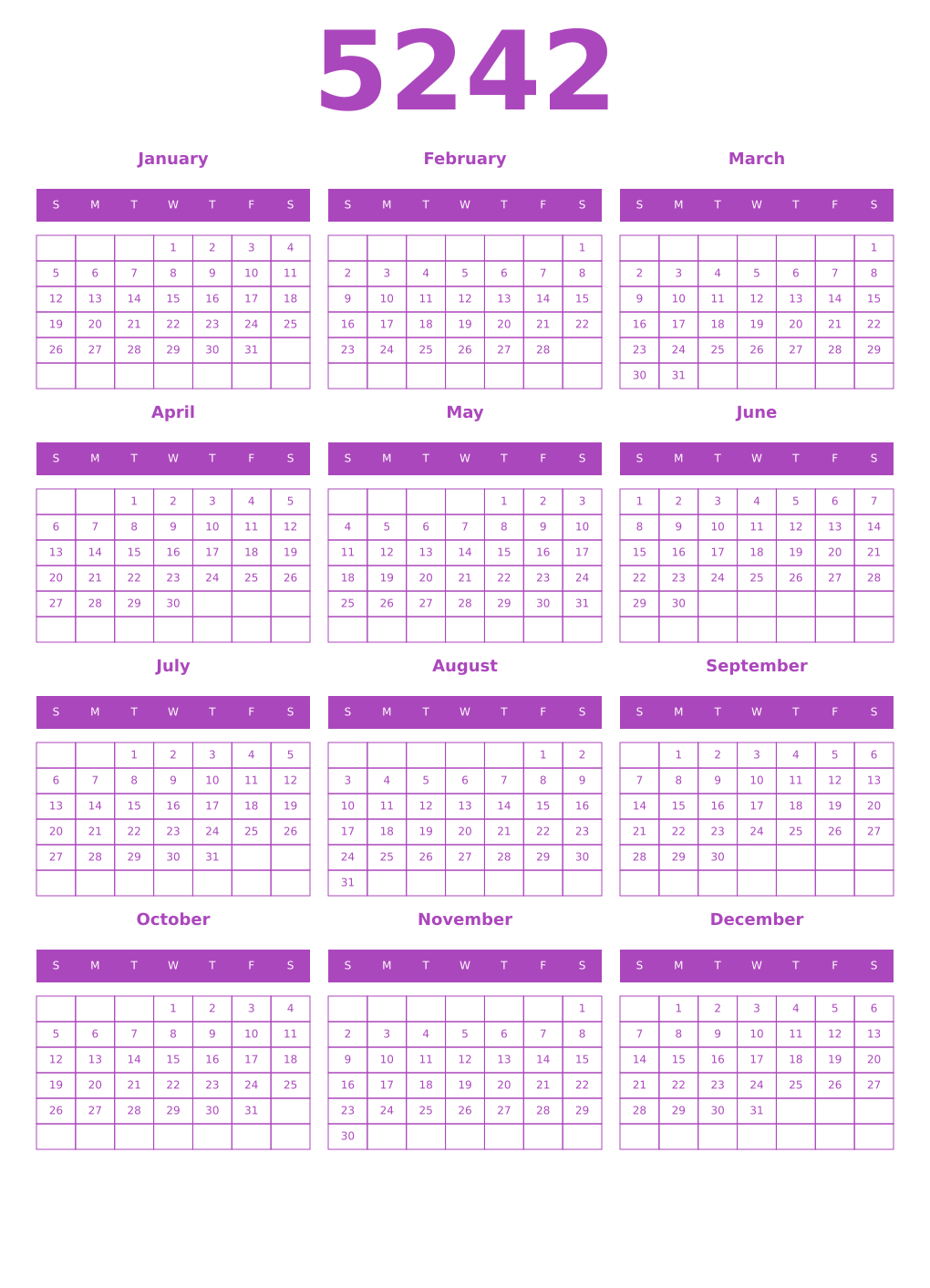 Printable 5242 Year Calendars purple