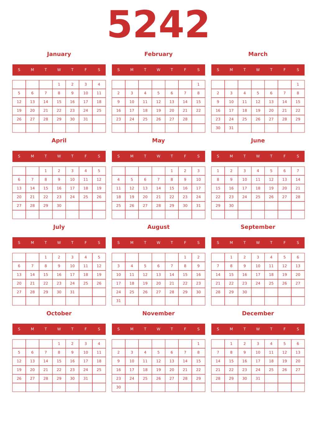 Printable 5242 Year Calendars red