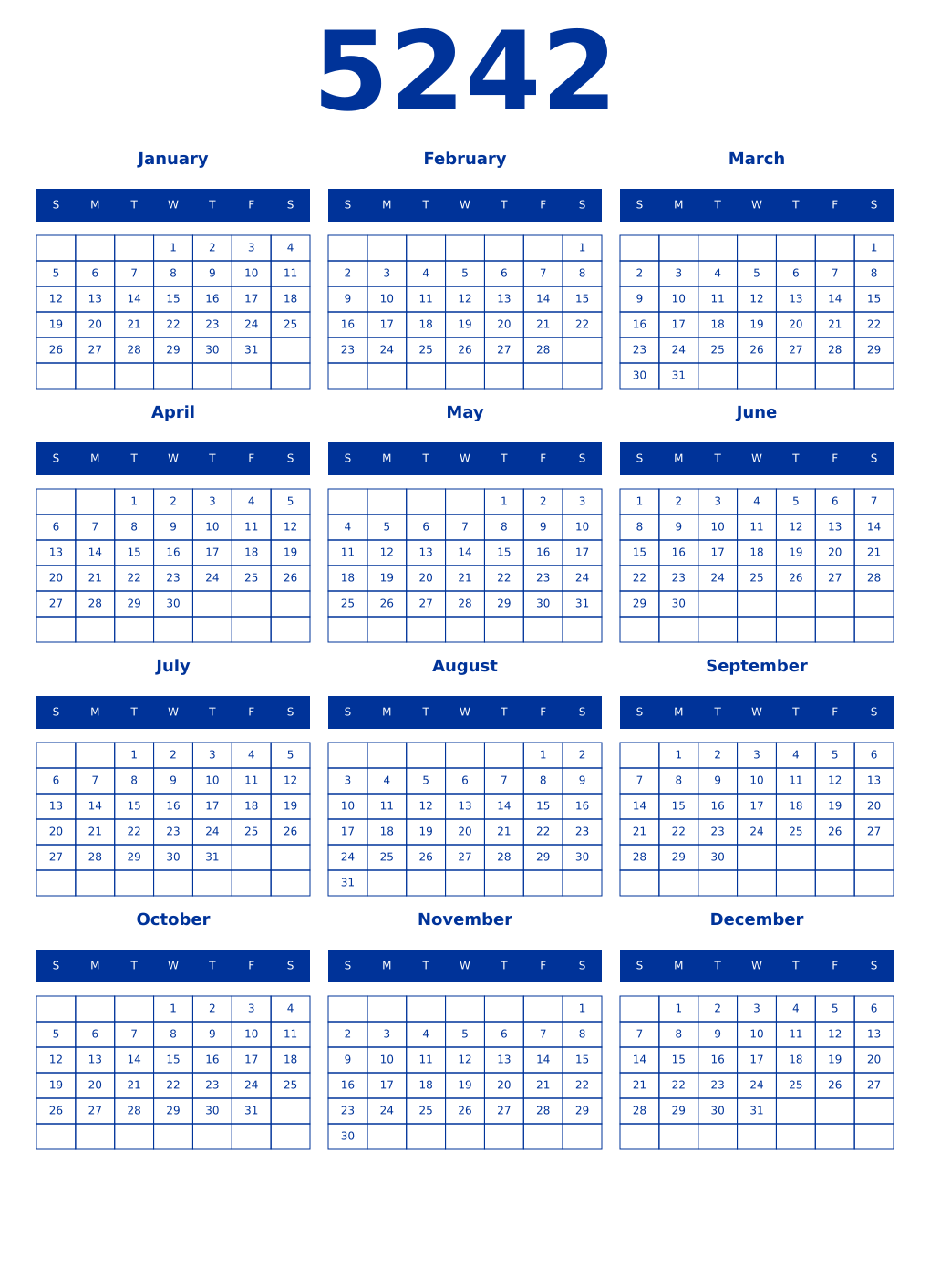 Printable 5242 Year Calendars smalt