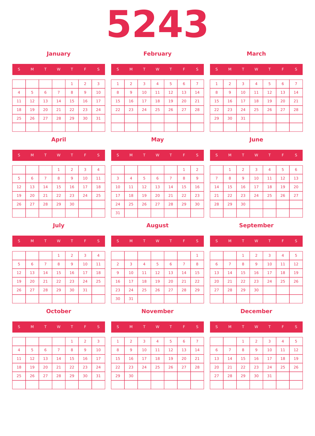 Printable 5243 Year Calendars amaranth
