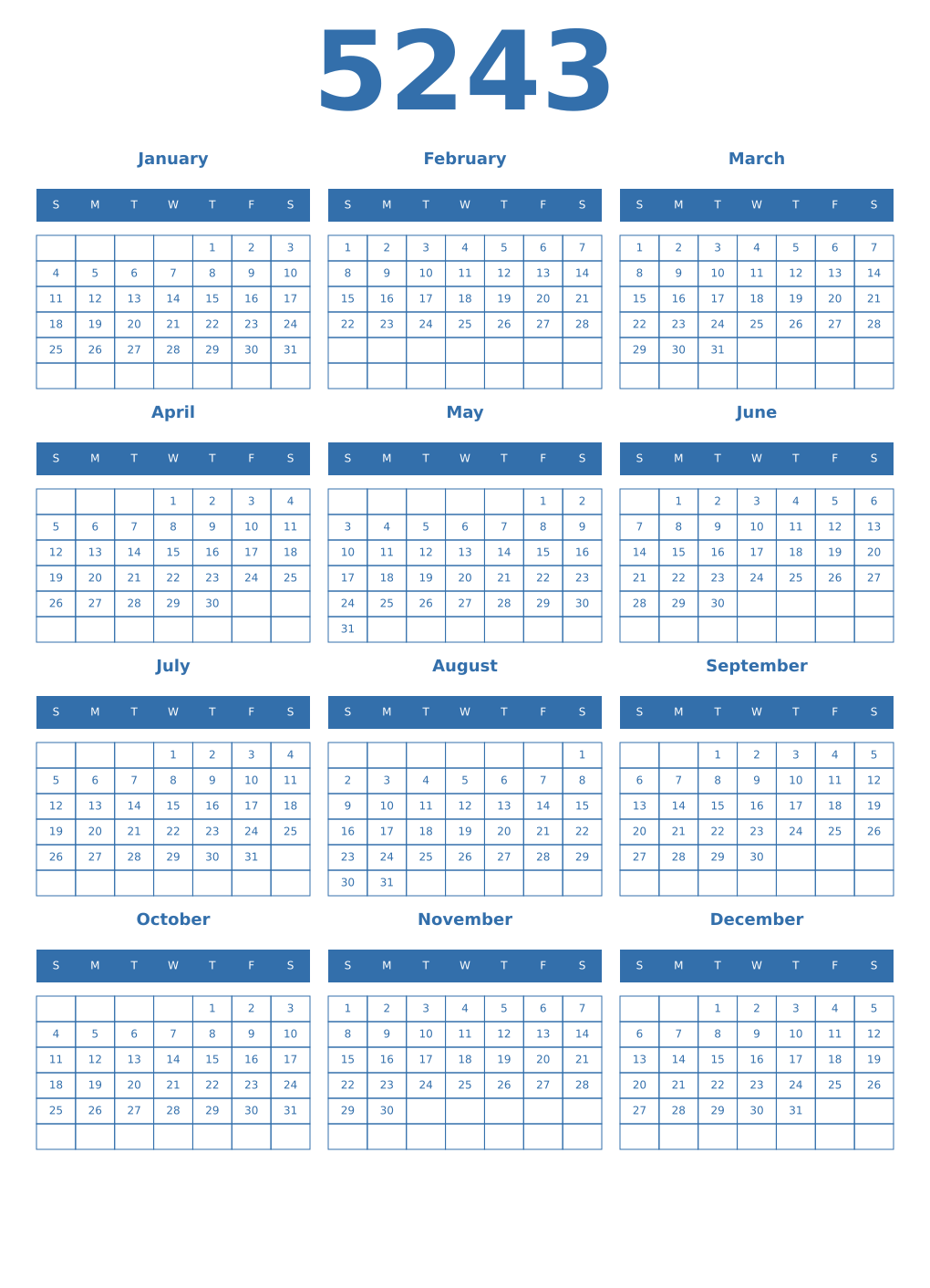 Printable 5243 Year Calendars blue
