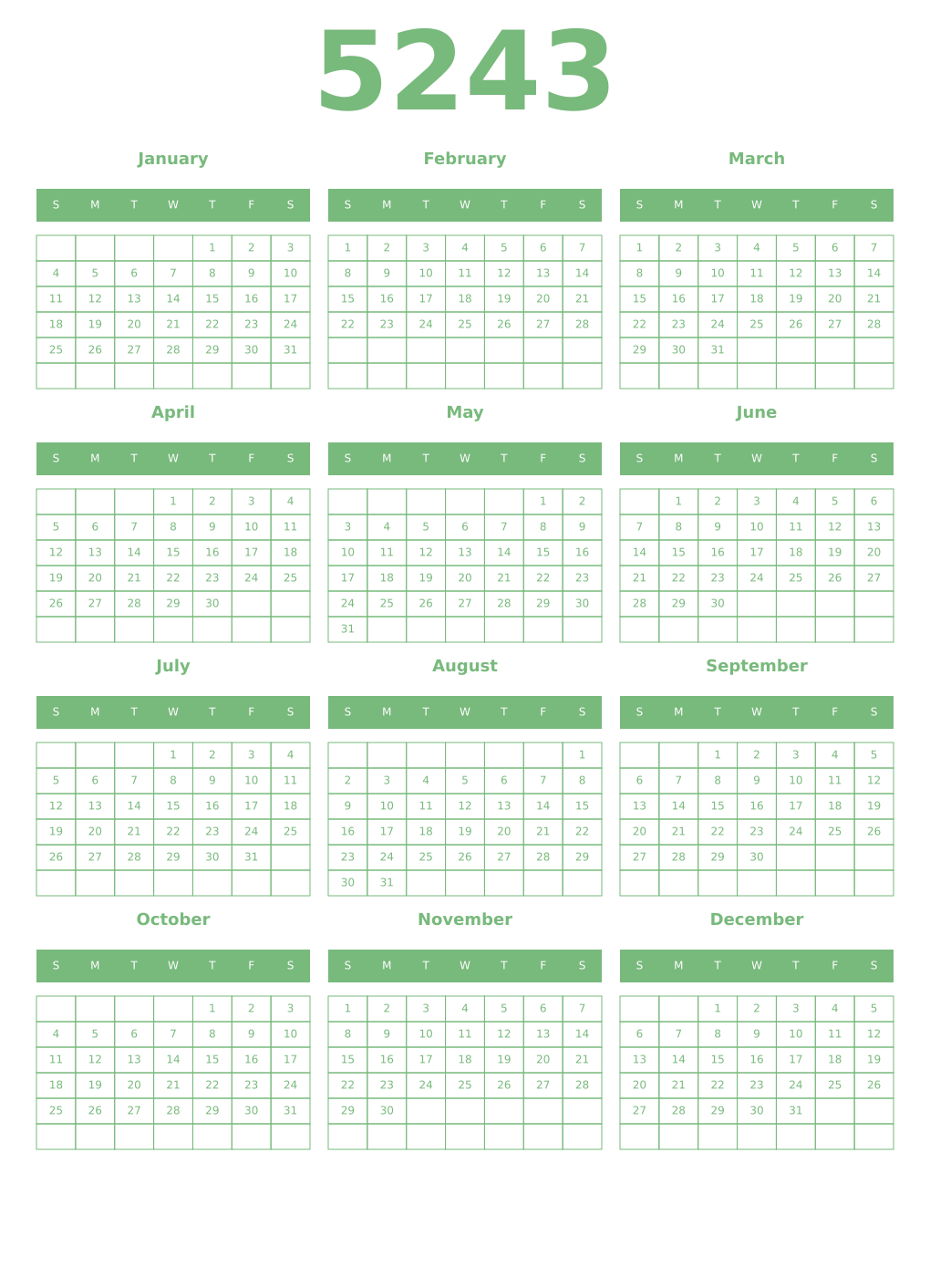 Printable 5243 Year Calendars celadon