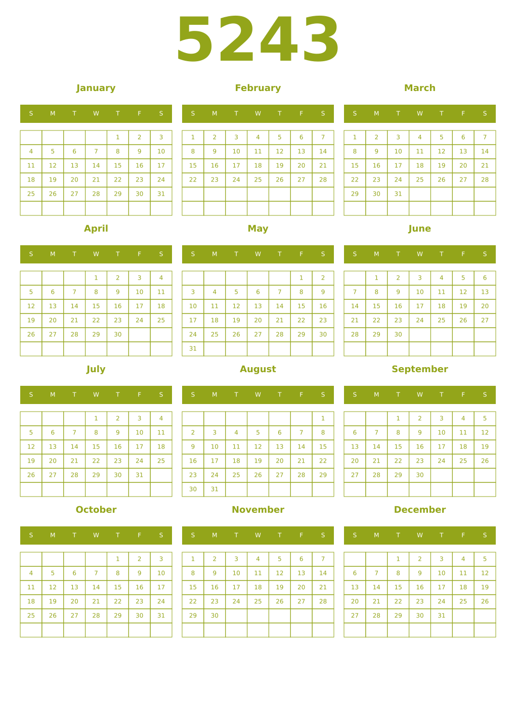 Printable 5243 Year Calendars chartreuse