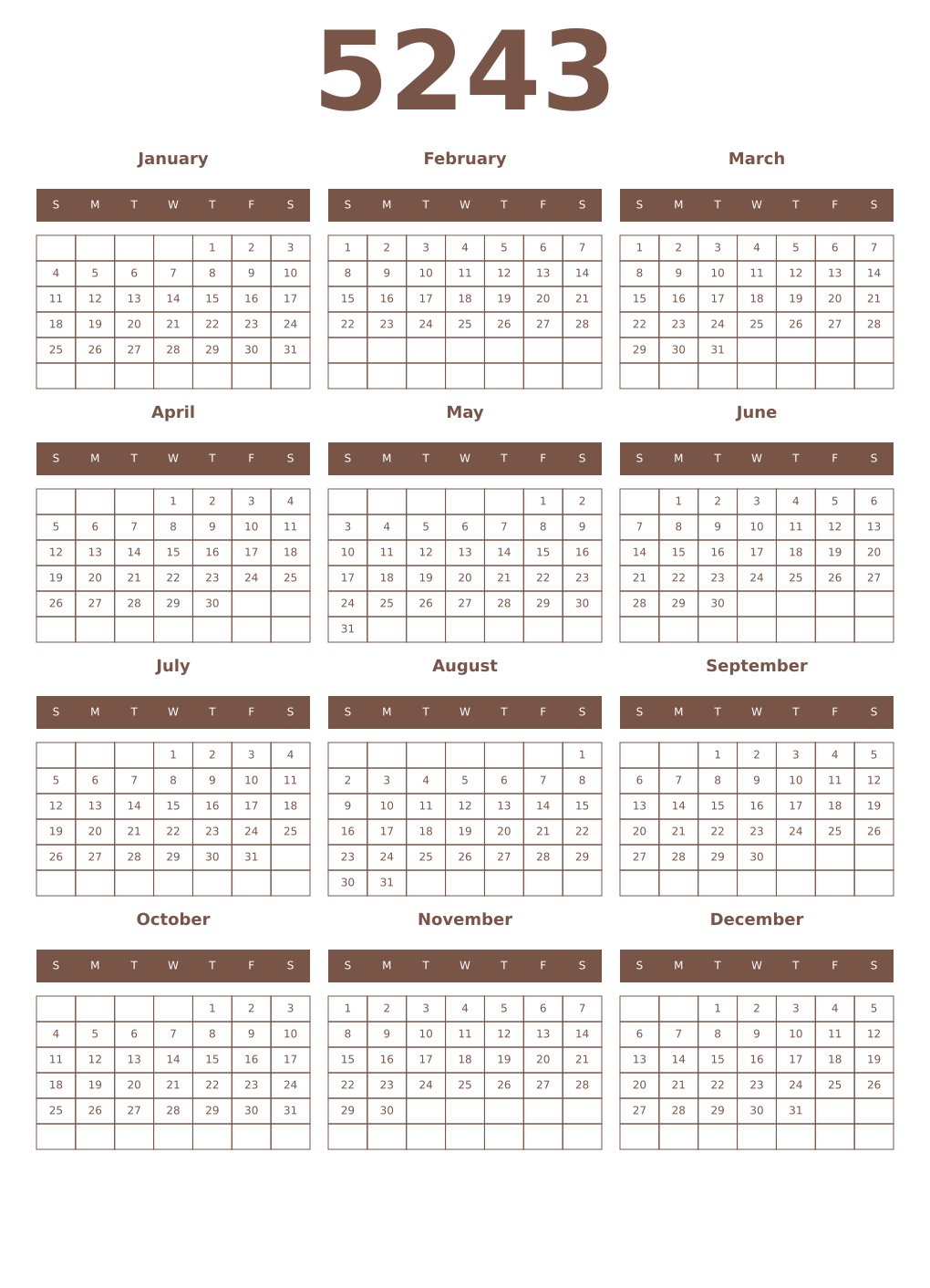 Printable 5243 Year Calendars coffe