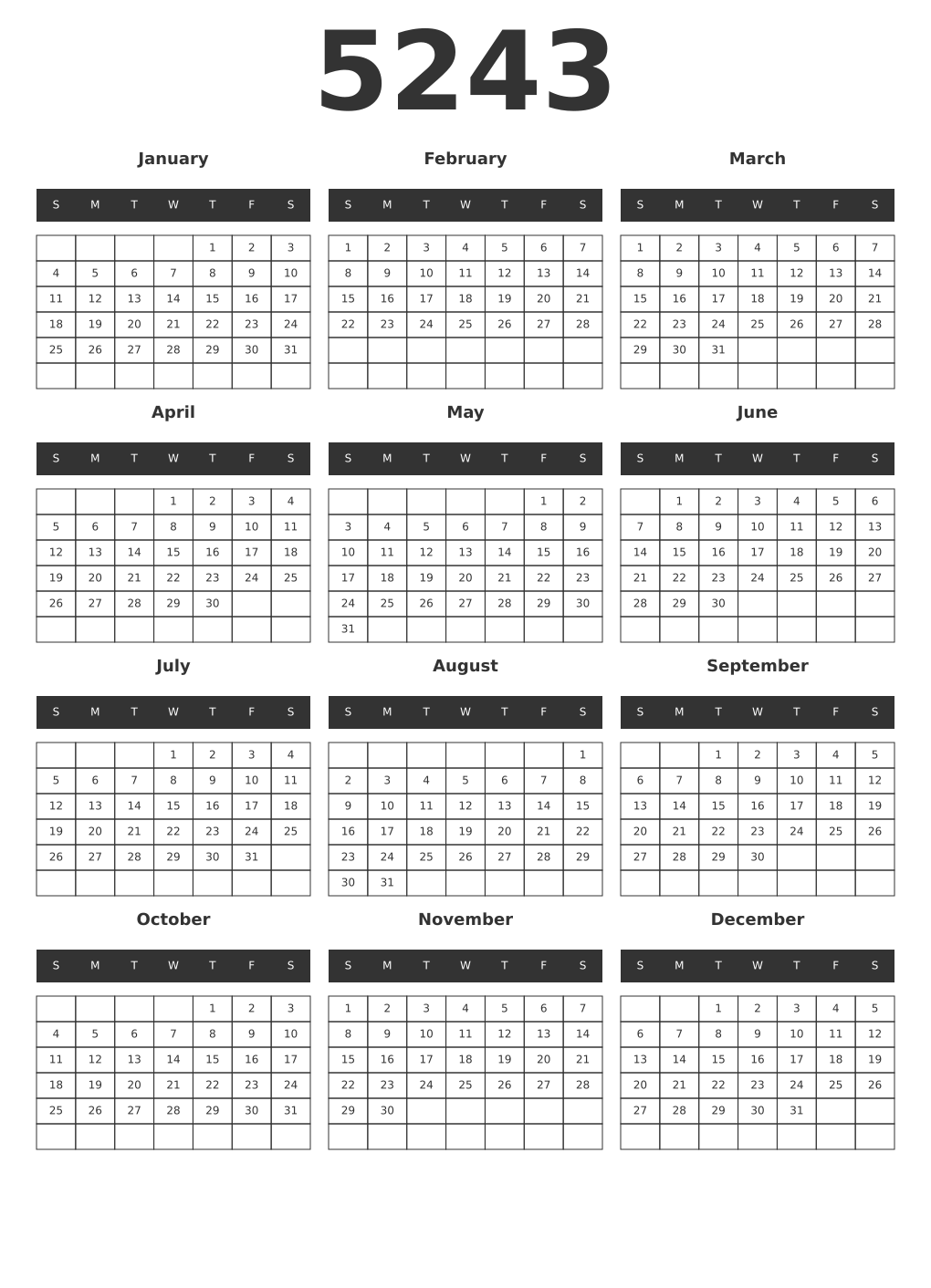 Printable 5243 Year Calendars dark