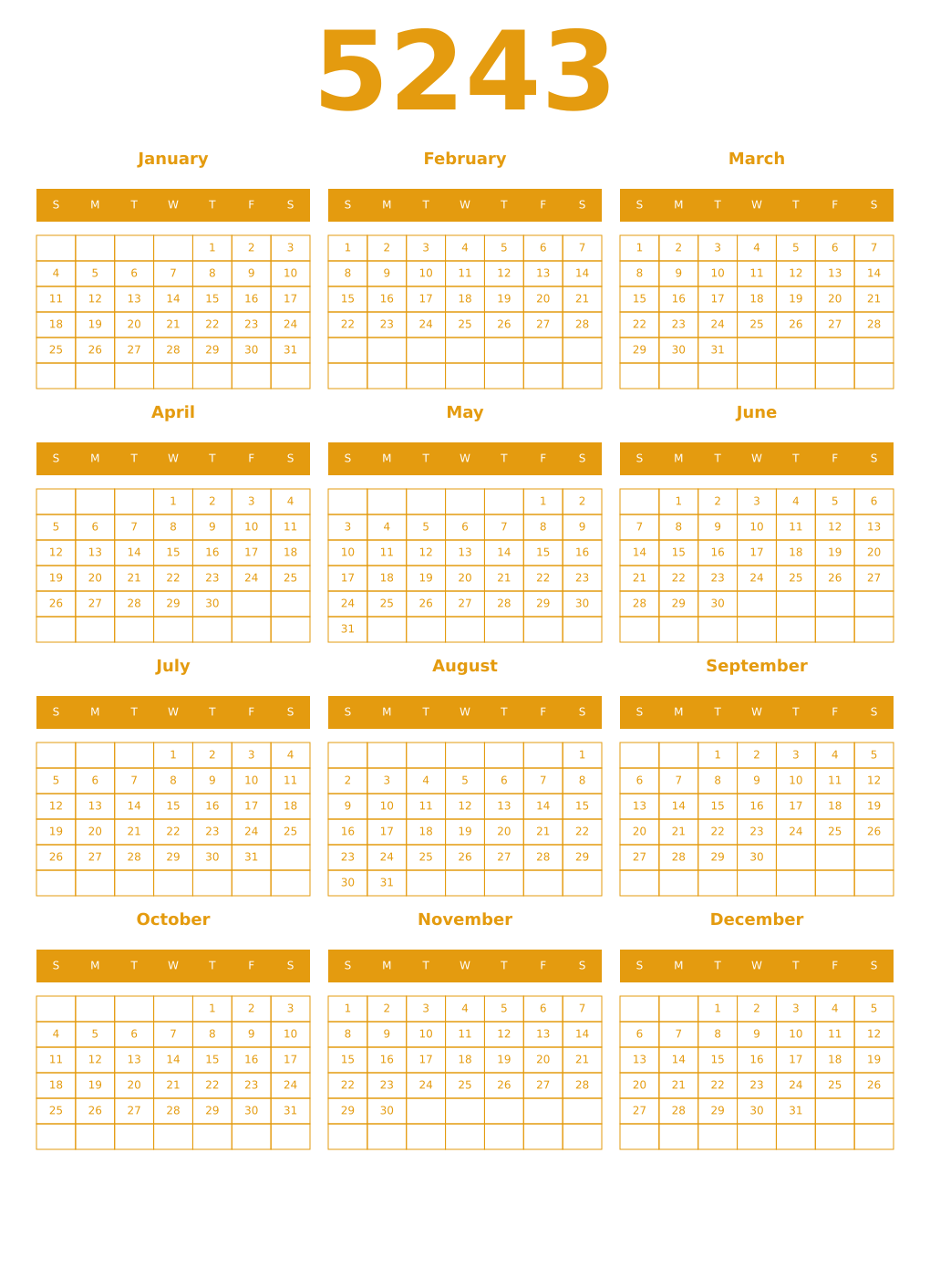 Printable 5243 Year Calendars gamboge