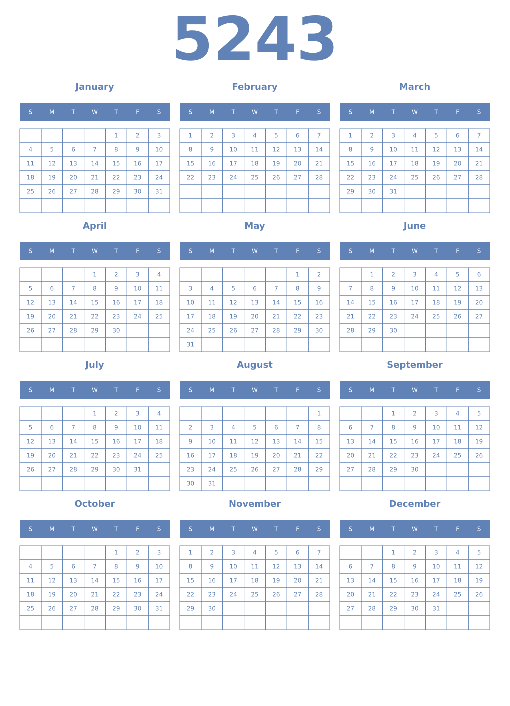 Printable 5243 Year Calendars glaucous