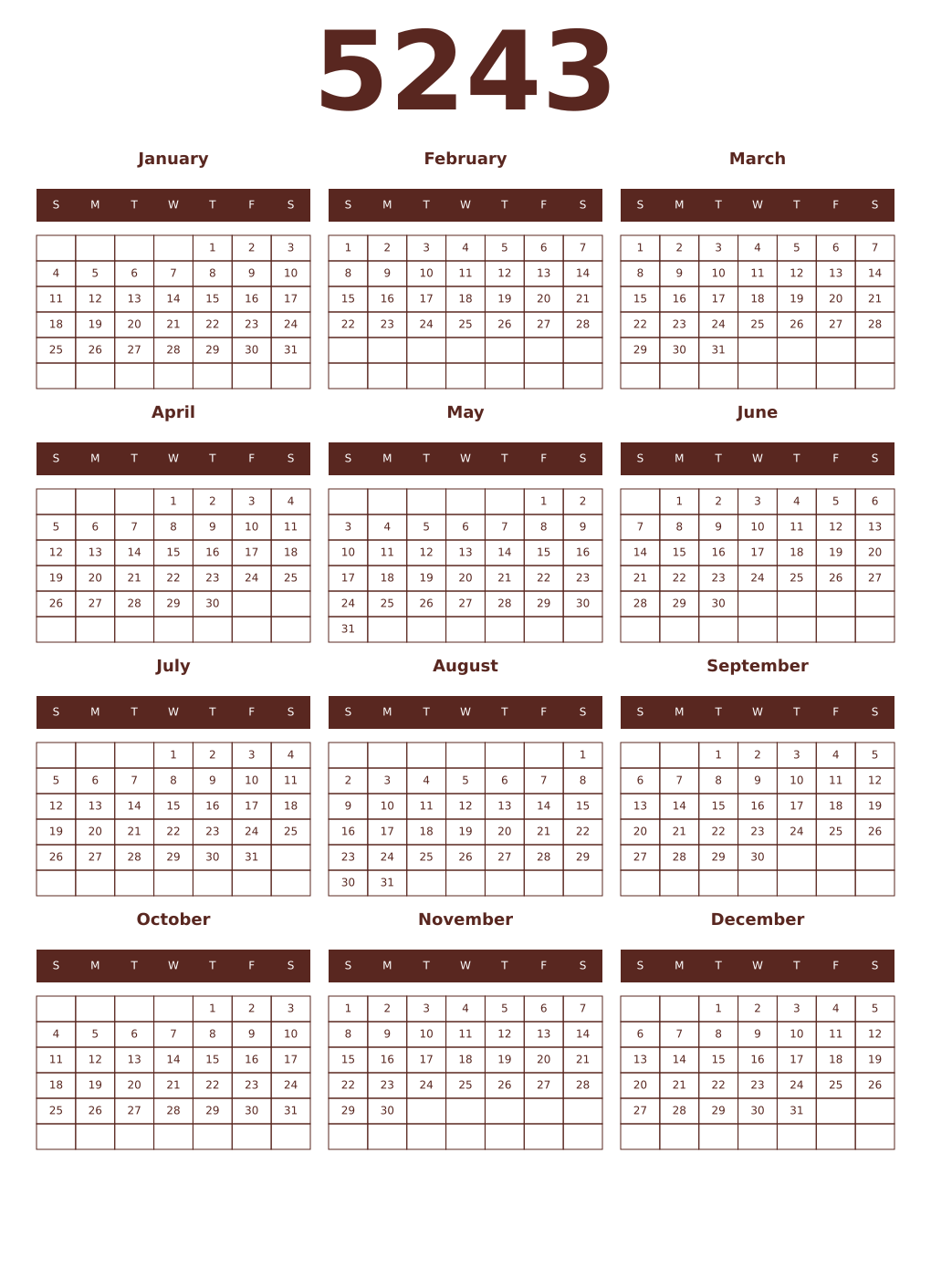 Printable 5243 Year Calendars mortuum