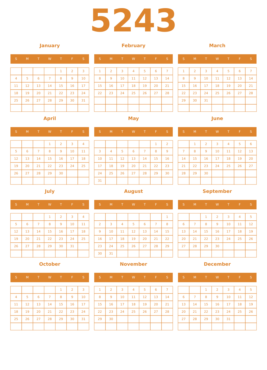 Printable 5243 Year Calendars orange