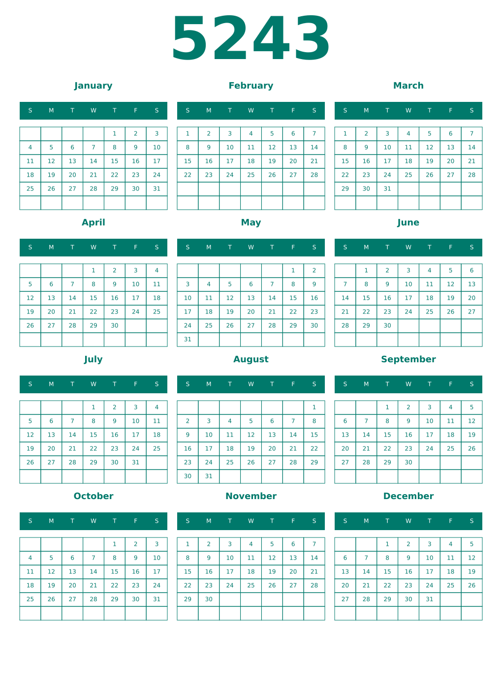 Printable 5243 Year Calendars pastel