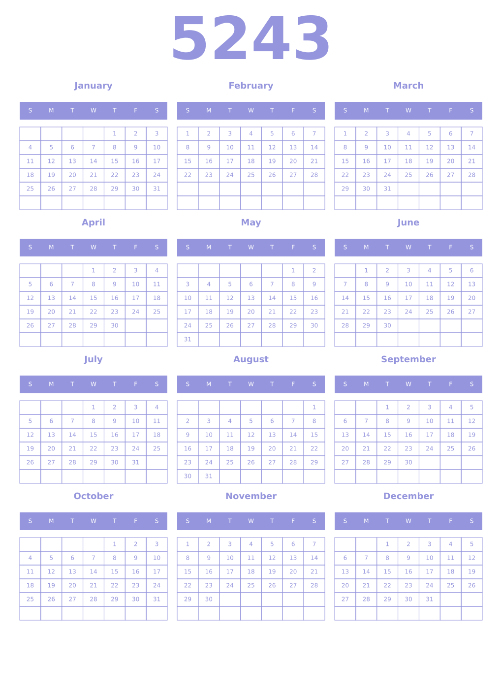 Printable 5243 Year Calendars periwinkle