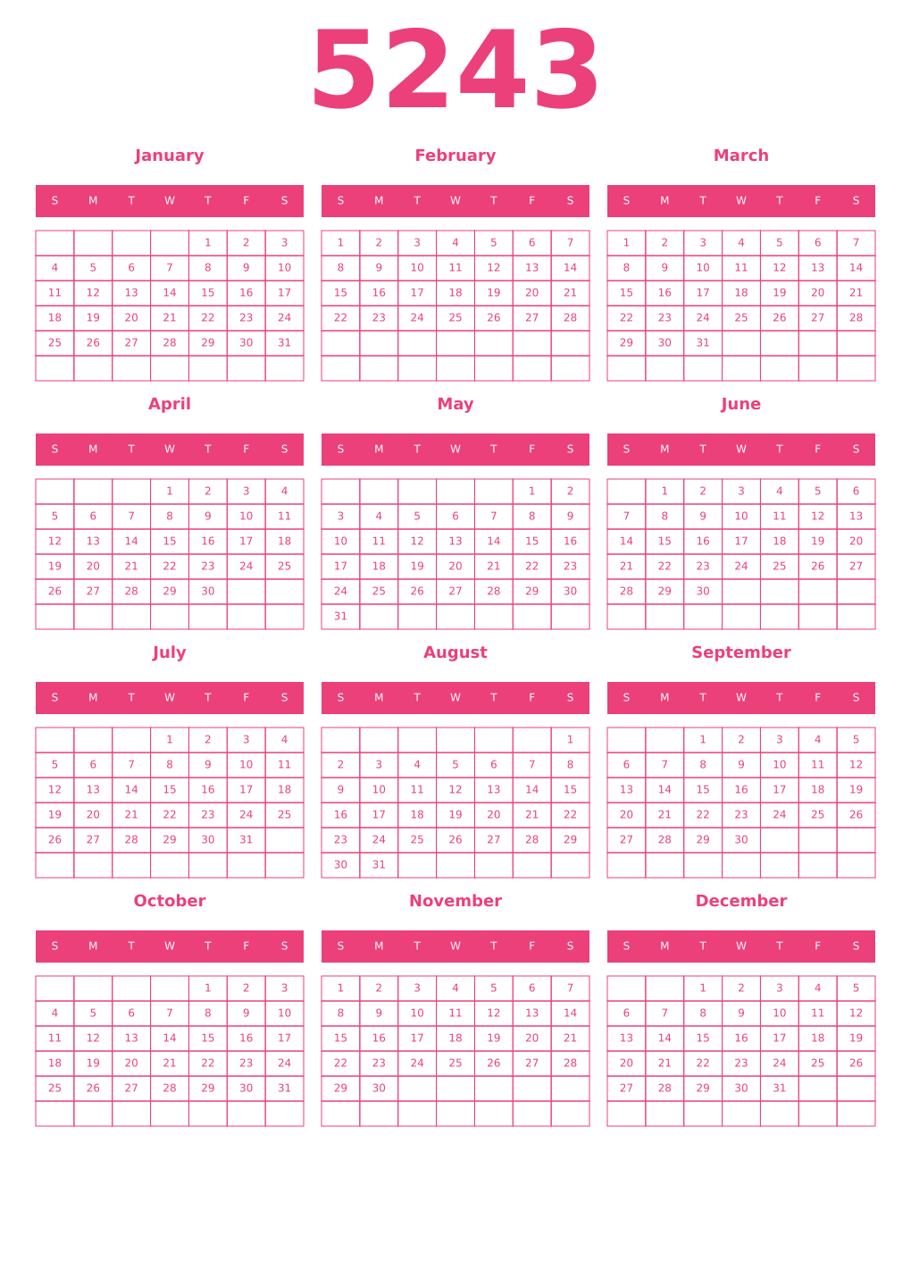 Printable 5243 Year Calendars pink