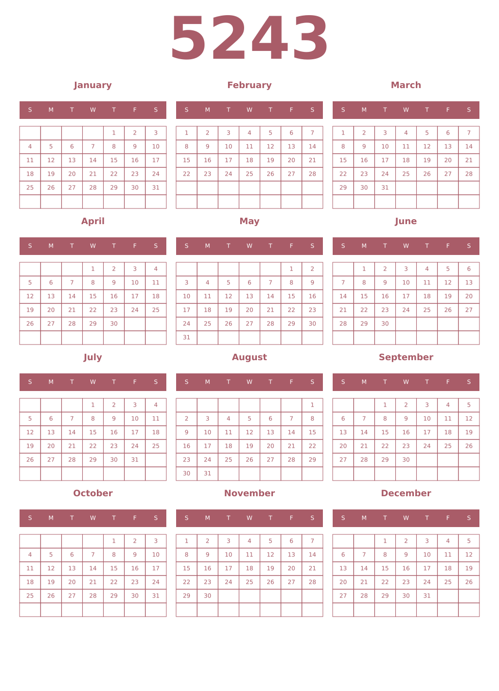 Printable 5243 Year Calendars puce