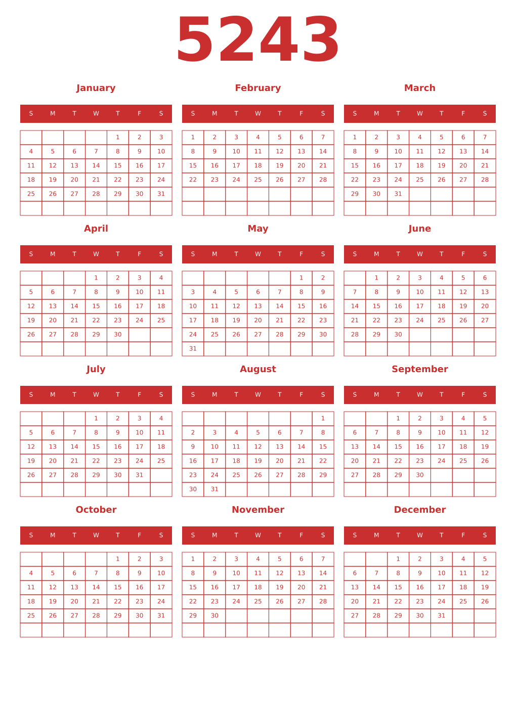 Printable 5243 Year Calendars red