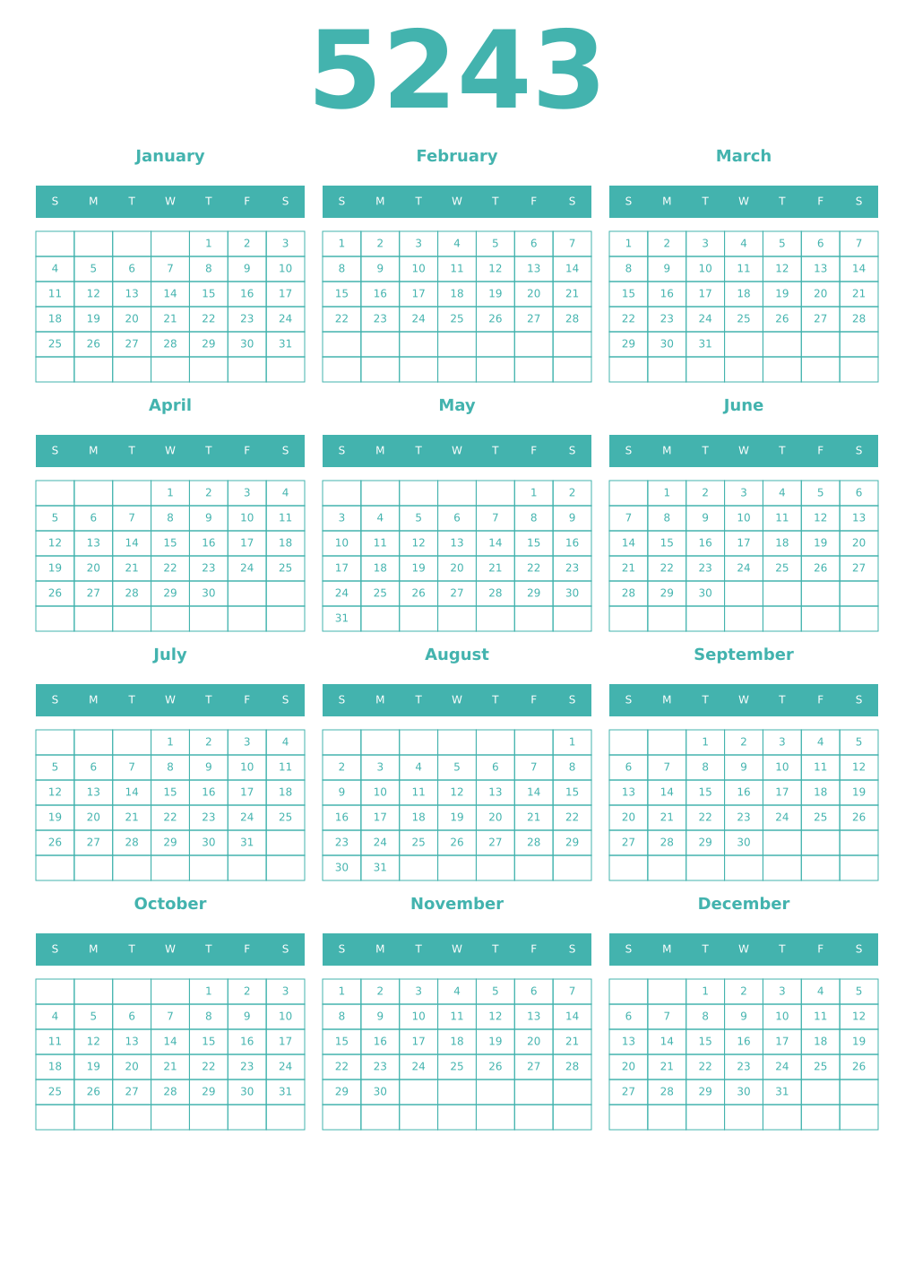 Printable 5243 Year Calendars verdigris
